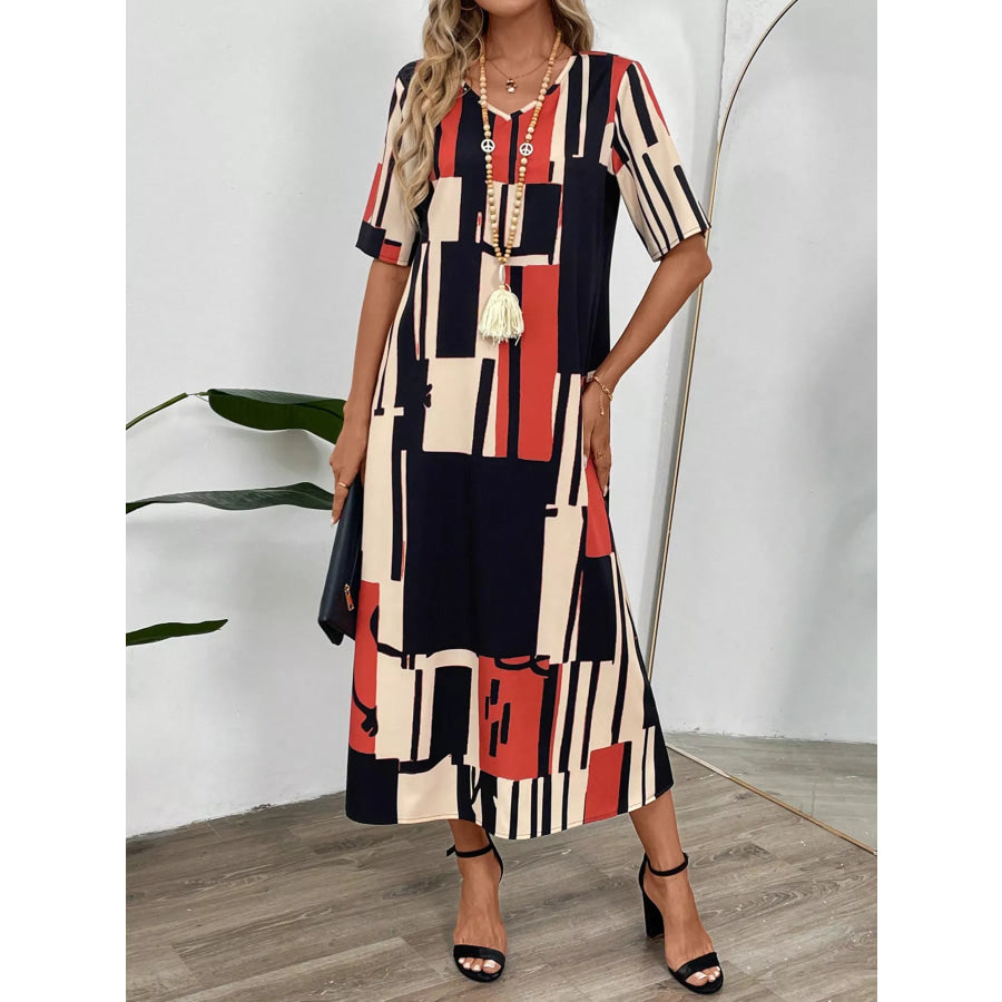 Abstract Geometric Print V-Neck Midi Dress Apparel and Accessories
