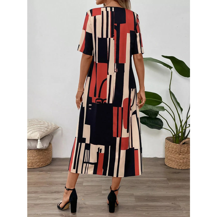 Abstract Geometric Print V-Neck Midi Dress Apparel and Accessories