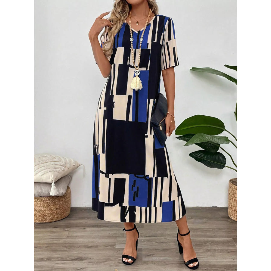 Abstract Geometric Print V-Neck Midi Dress Dark Blue / S Apparel and Accessories