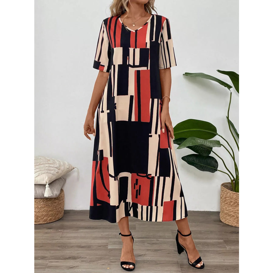 Abstract Geometric Print V-Neck Midi Dress Deep Red / S Apparel and Accessories