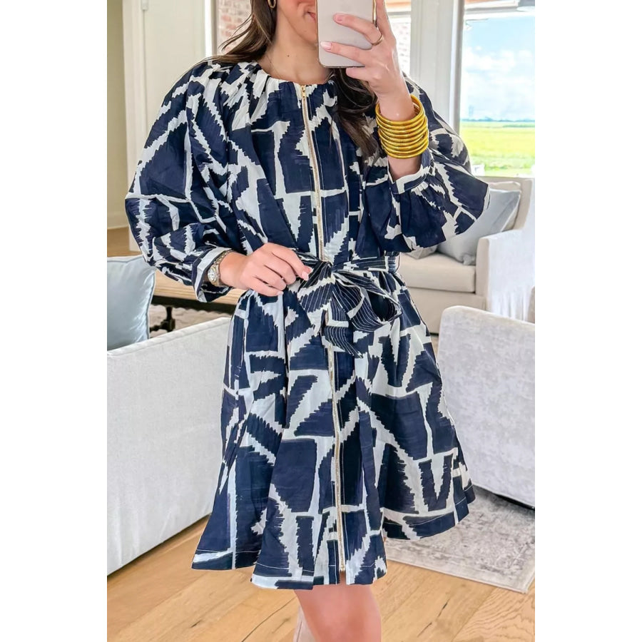 Abstract Geometric Print Zip Front Tie Waist Shift Dress Apparel and Accessories