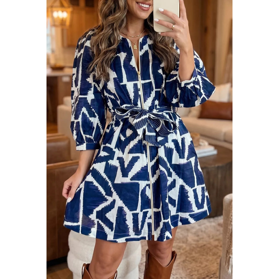Abstract Geometric Print Zip Front Tie Waist Shift Dress Apparel and Accessories