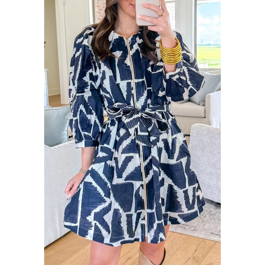 Abstract Geometric Print Zip Front Tie Waist Shift Dress Navy / S Apparel and Accessories