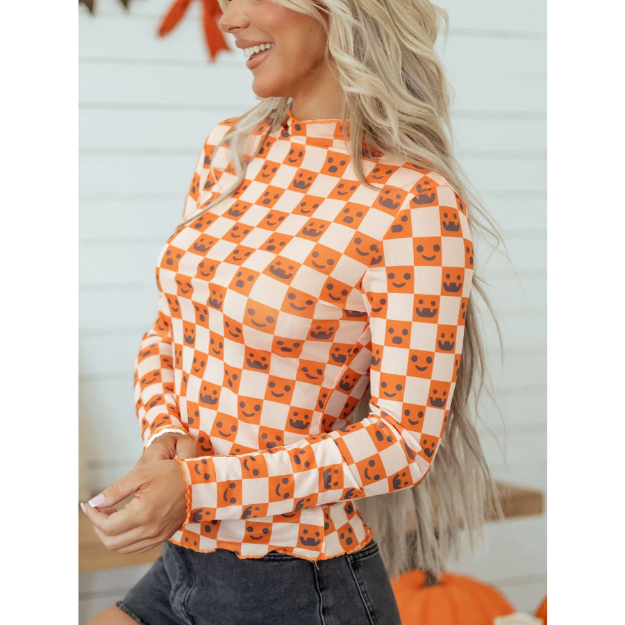 Abstract Halloween Pattern Long Sleeve Mock Neck Blouse Apparel and Accessories