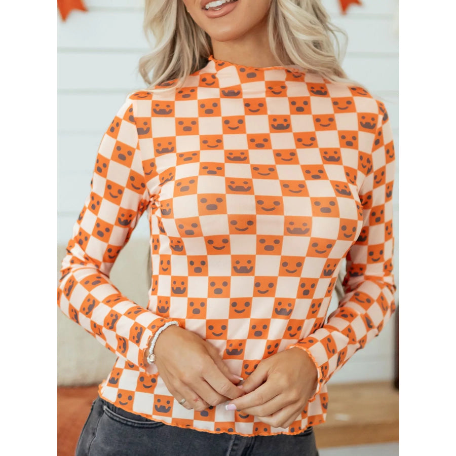 Abstract Halloween Pattern Long Sleeve Mock Neck Blouse Apparel and Accessories