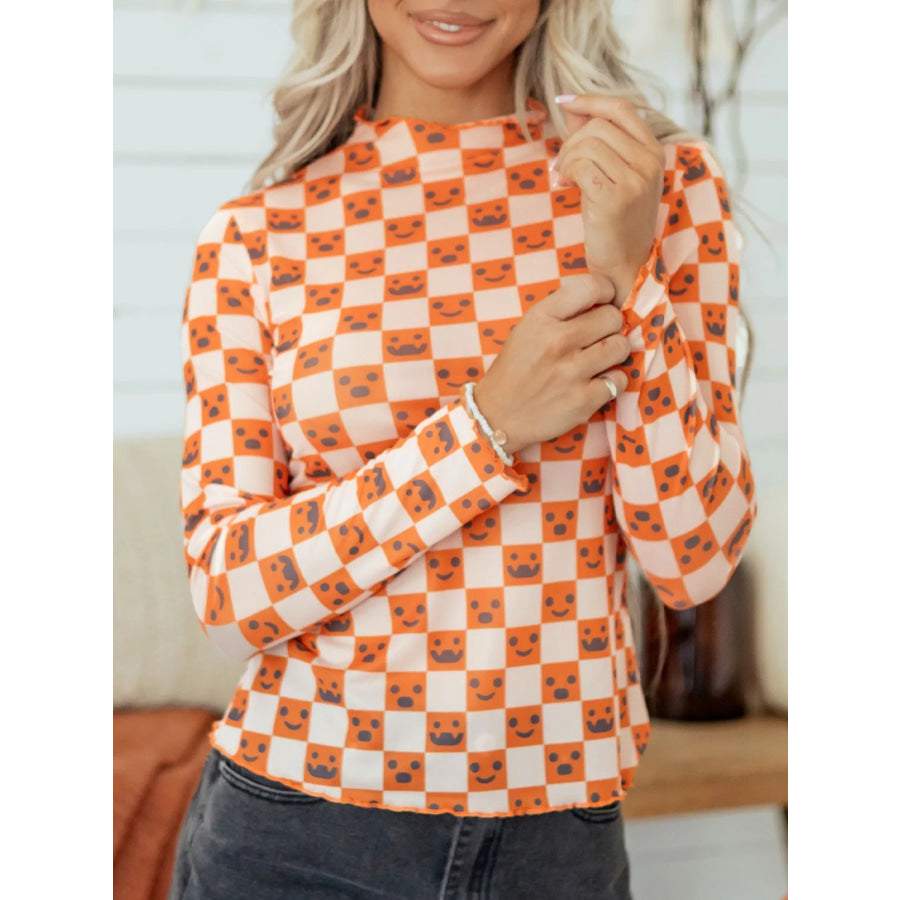 Abstract Halloween Pattern Long Sleeve Mock Neck Blouse Apparel and Accessories