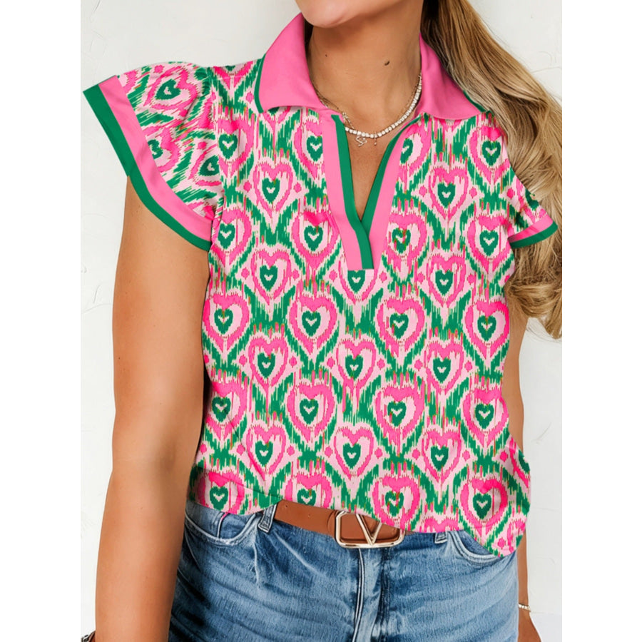 Abstract Heart In Heart Print Striped Trim Polo Collar Short Sleeve Blouse Apparel and Accessories