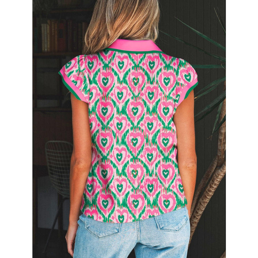 Abstract Heart In Heart Print Striped Trim Polo Collar Short Sleeve Blouse Apparel and Accessories