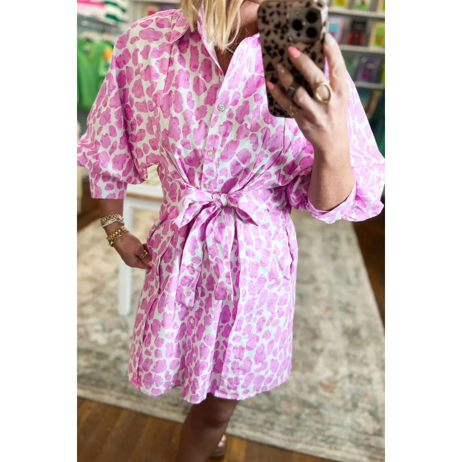 Abstract Leopard Print Tie Waist Puff Sleeve Mini Shirt Dress Apparel and Accessories