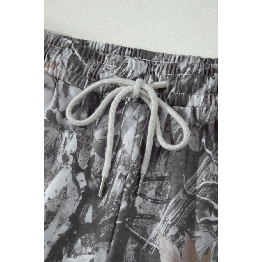 Abstract Maple Leaf Printed Tie Elastic Waist Shorts Apparel and Accessories