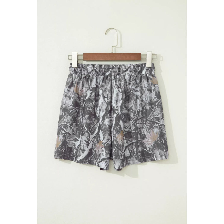 Abstract Maple Leaf Printed Tie Elastic Waist Shorts Apparel and Accessories