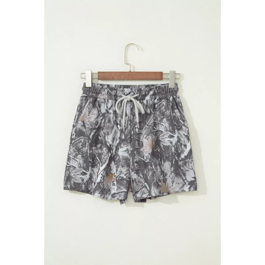 Abstract Maple Leaf Printed Tie Elastic Waist Shorts Apparel and Accessories