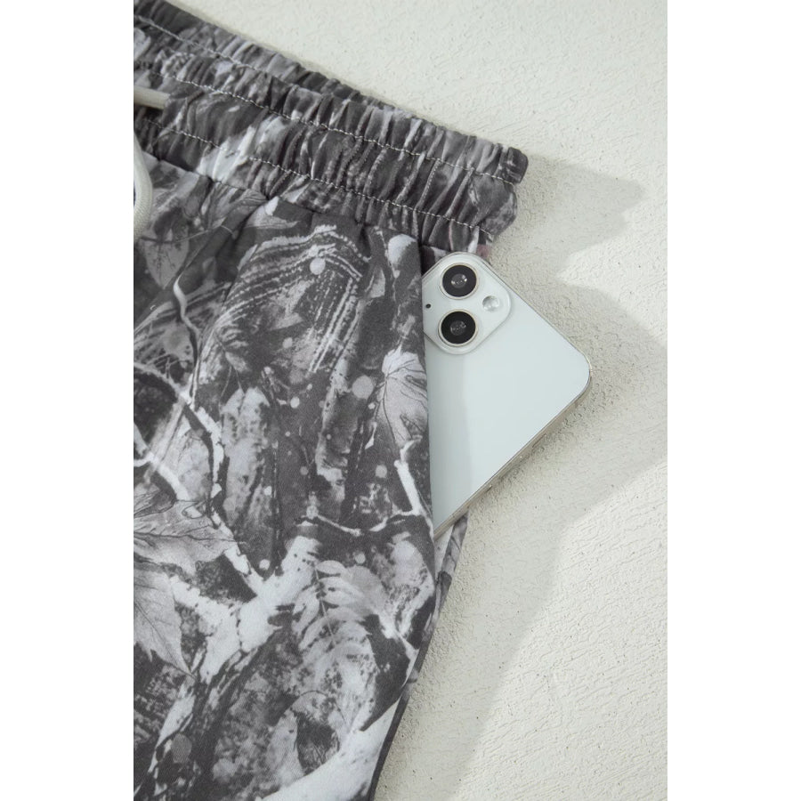 Abstract Maple Leaf Printed Tie Elastic Waist Shorts Apparel and Accessories