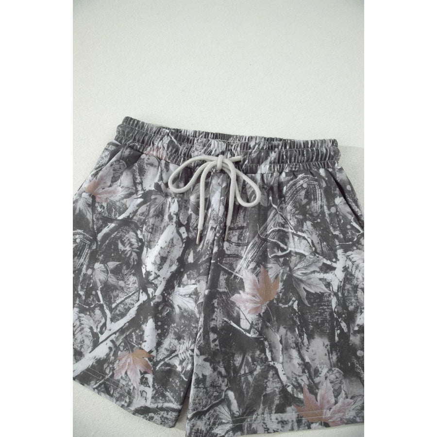 Abstract Maple Leaf Printed Tie Elastic Waist Shorts Apparel and Accessories