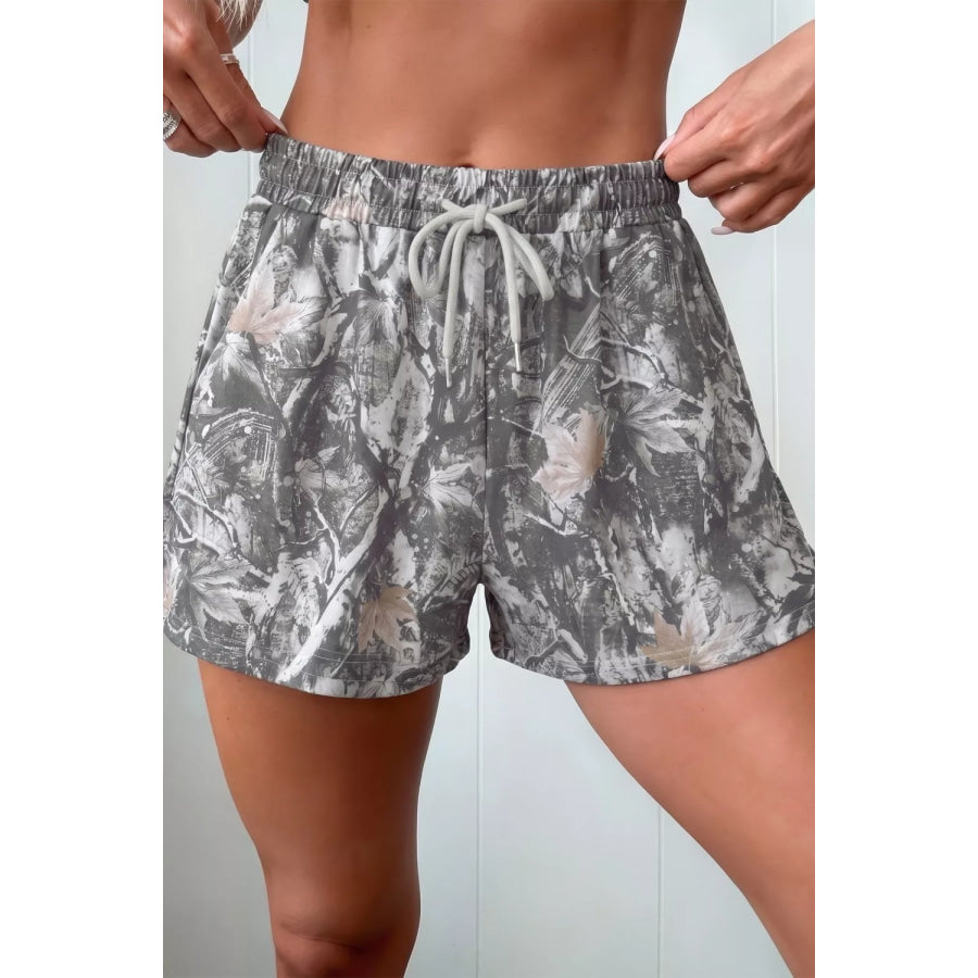 Abstract Maple Leaf Printed Tie Elastic Waist Shorts Gray / S Apparel and Accessories