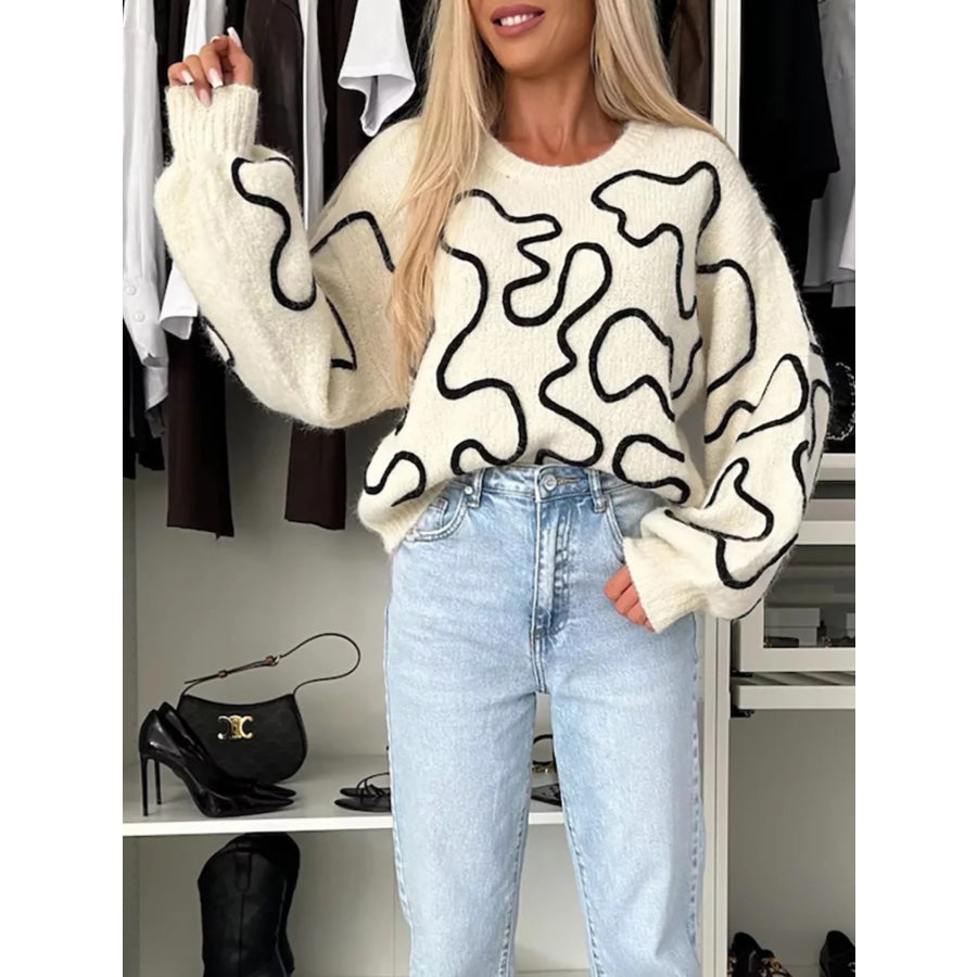 Abstract Pattern Oversized Round Neck Sweater Apparel and Accessories
