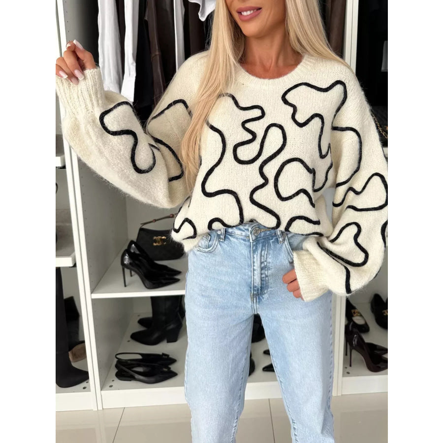 Abstract Pattern Oversized Round Neck Sweater Apparel and Accessories