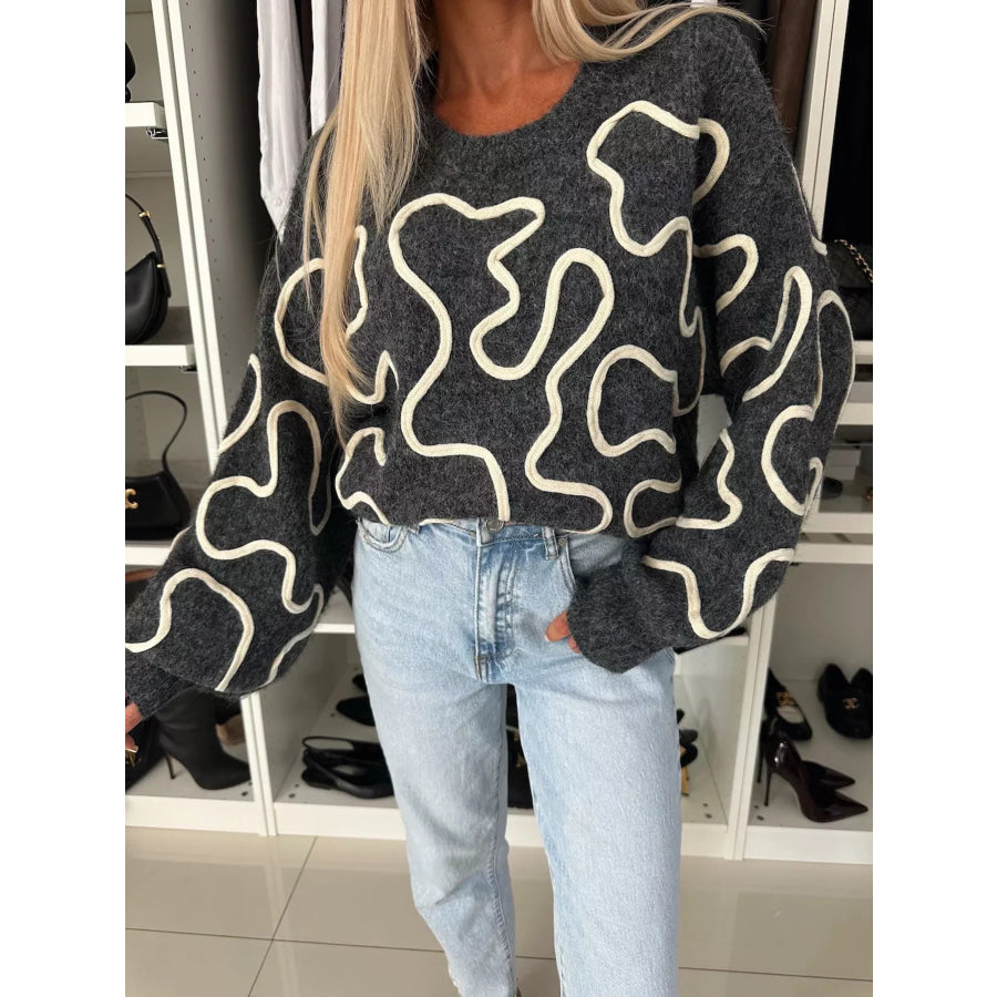 Abstract Pattern Oversized Round Neck Sweater Apparel and Accessories