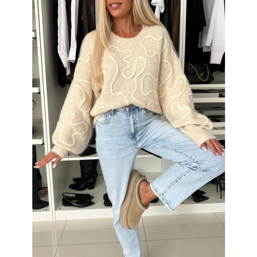 Abstract Pattern Oversized Round Neck Sweater Apricot / S Apparel and Accessories