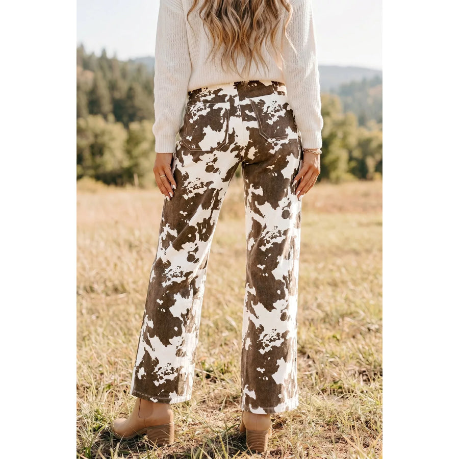 Abstract Pattern Regular Fit Full-Length Western Style Jeans Dark Brown / 4 Apparel and Accessories