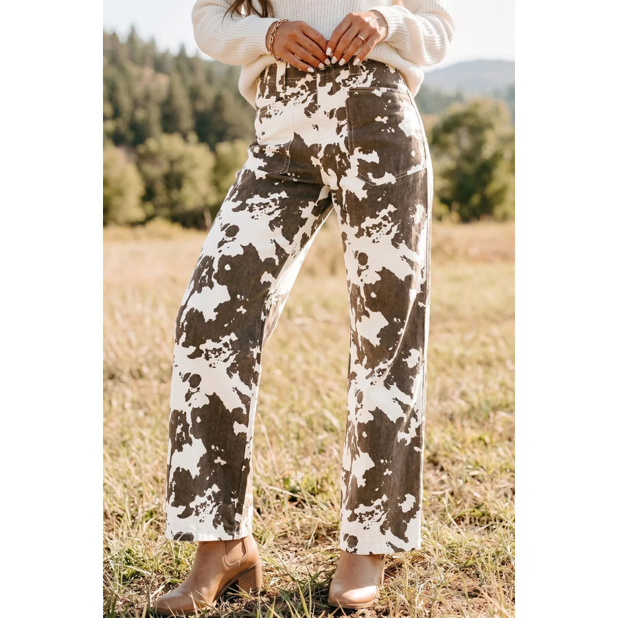 Abstract Pattern Regular Fit Full-Length Western Style Jeans Dark Brown / 4 Apparel and Accessories