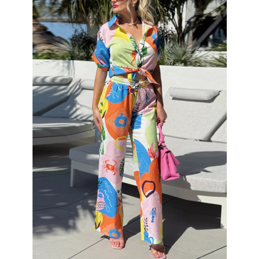 Abstract Print Button-Up Shirt and Wide-Leg Pants Set Apparel and Accessories
