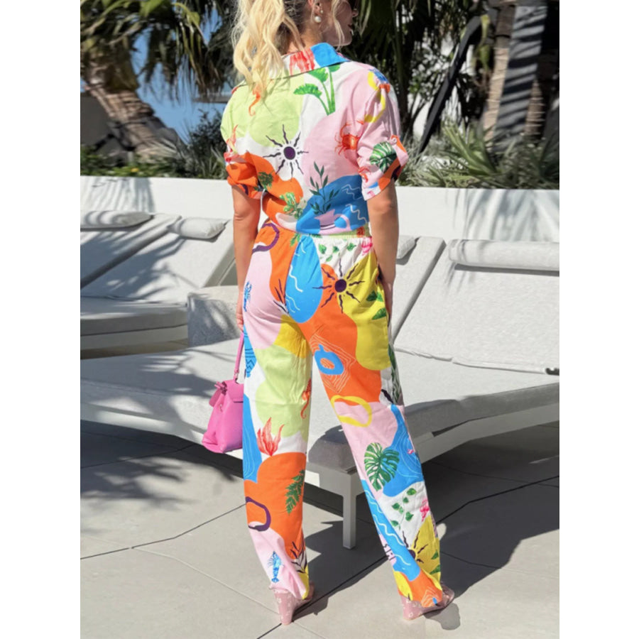 Abstract Print Button-Up Shirt and Wide-Leg Pants Set Apparel and Accessories