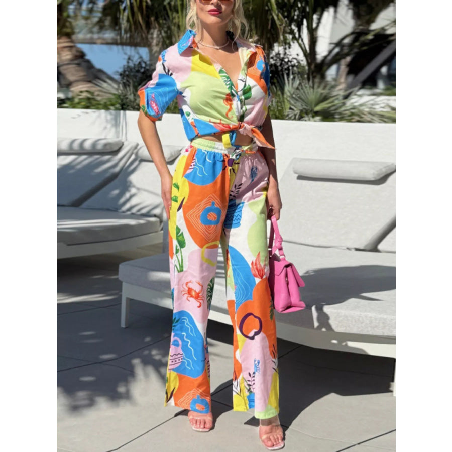 Abstract Print Button-Up Shirt and Wide-Leg Pants Set Color / S Apparel and Accessories