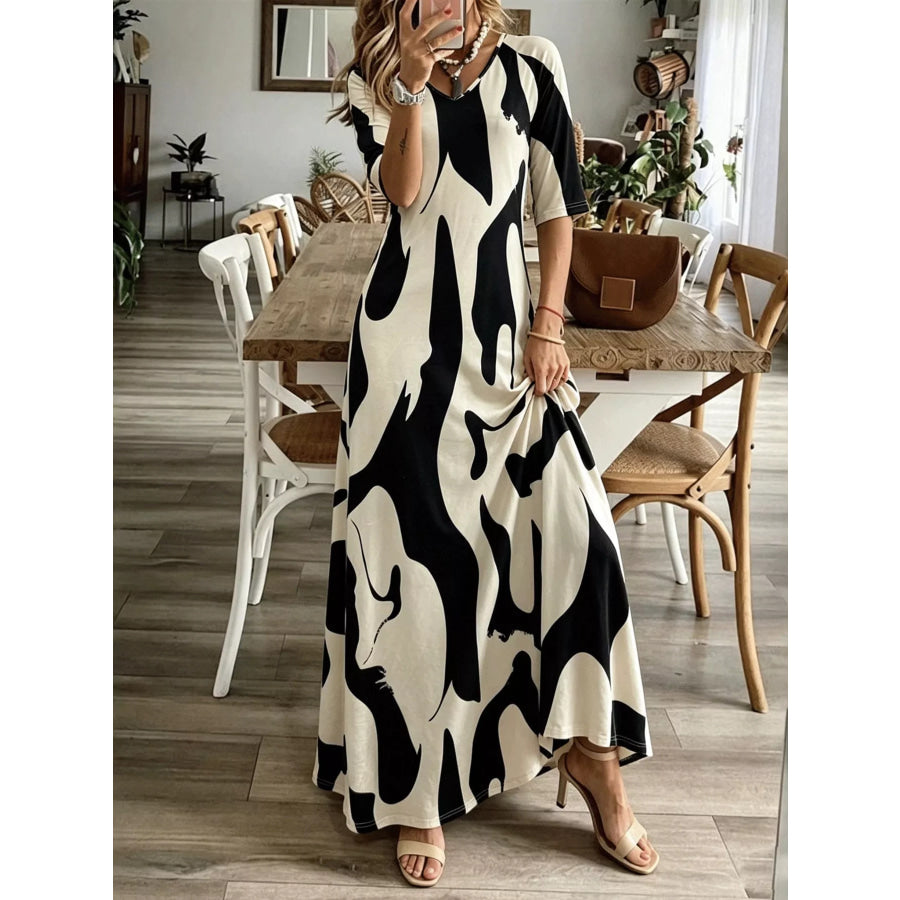 Abstract Print Casual Maxi Dress White / S Apparel and Accessories
