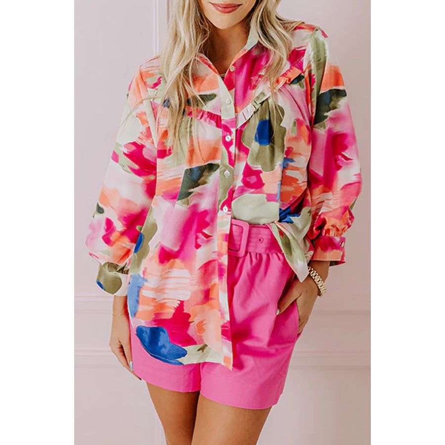 Abstract Print Collared Neck Long Sleeve Shirt Pink / S Apparel and Accessories