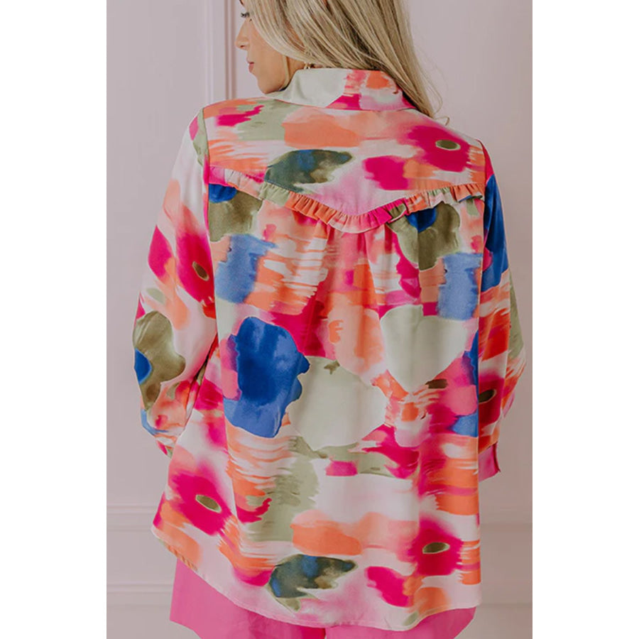 Abstract Print Collared Neck Long Sleeve Shirt Apparel and Accessories