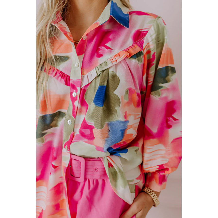 Abstract Print Collared Neck Long Sleeve Shirt Pink / S Apparel and Accessories