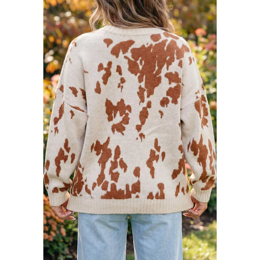 Abstract Print Drop Shoulder Long Sleeve Round Neck Sweater Caramel / S Apparel and Accessories