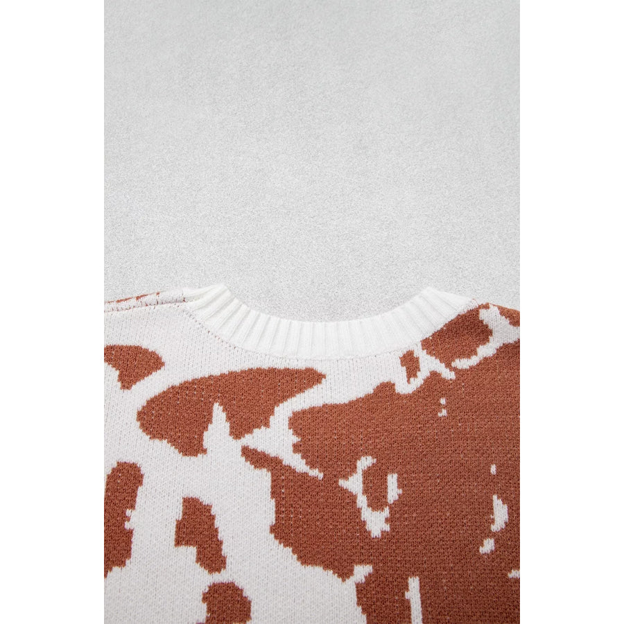 Abstract Print Drop Shoulder Long Sleeve Round Neck Sweater Apparel and Accessories