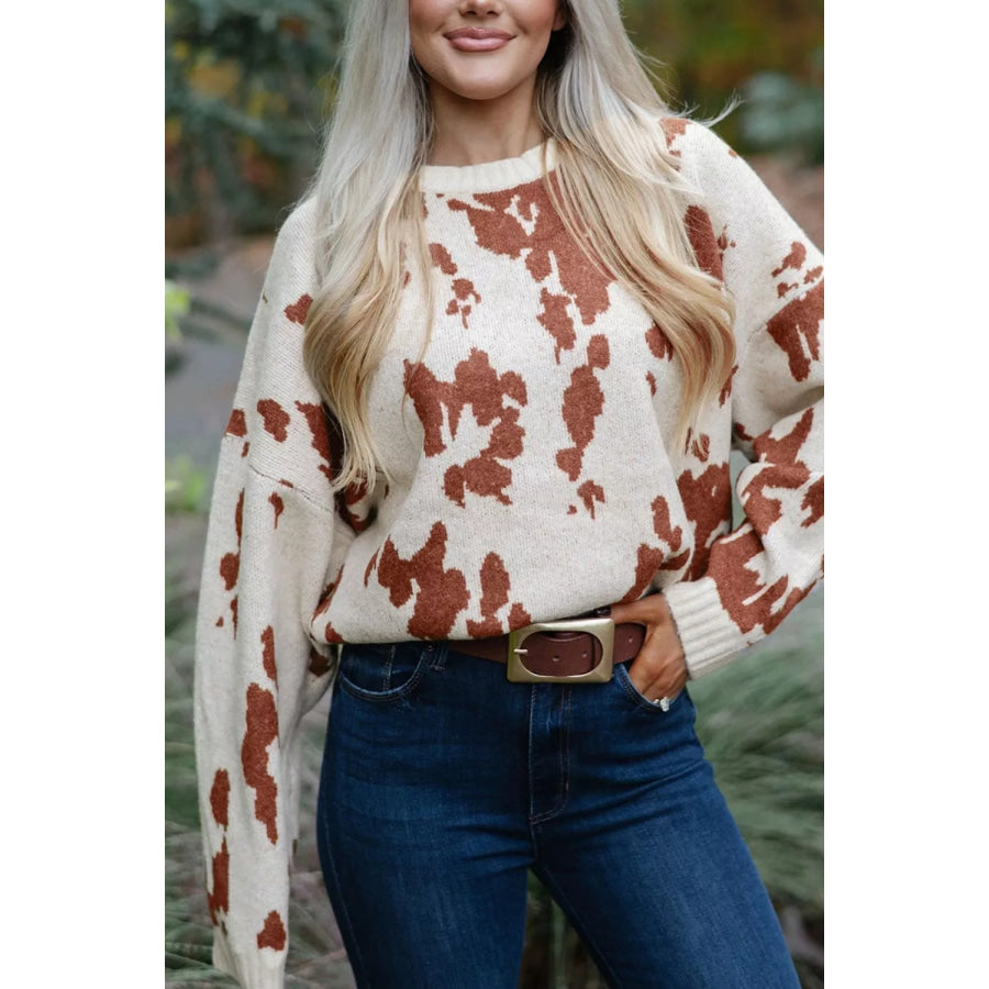 Abstract Print Drop Shoulder Long Sleeve Round Neck Sweater Apparel and Accessories