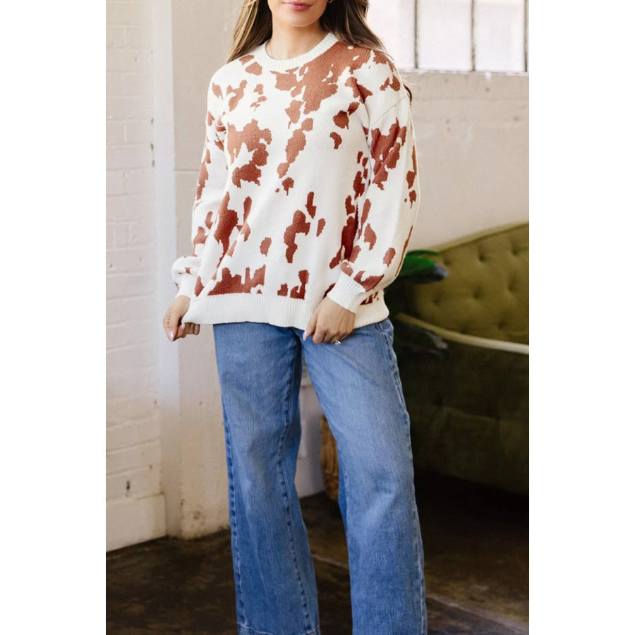 Abstract Print Drop Shoulder Long Sleeve Round Neck Sweater Apparel and Accessories