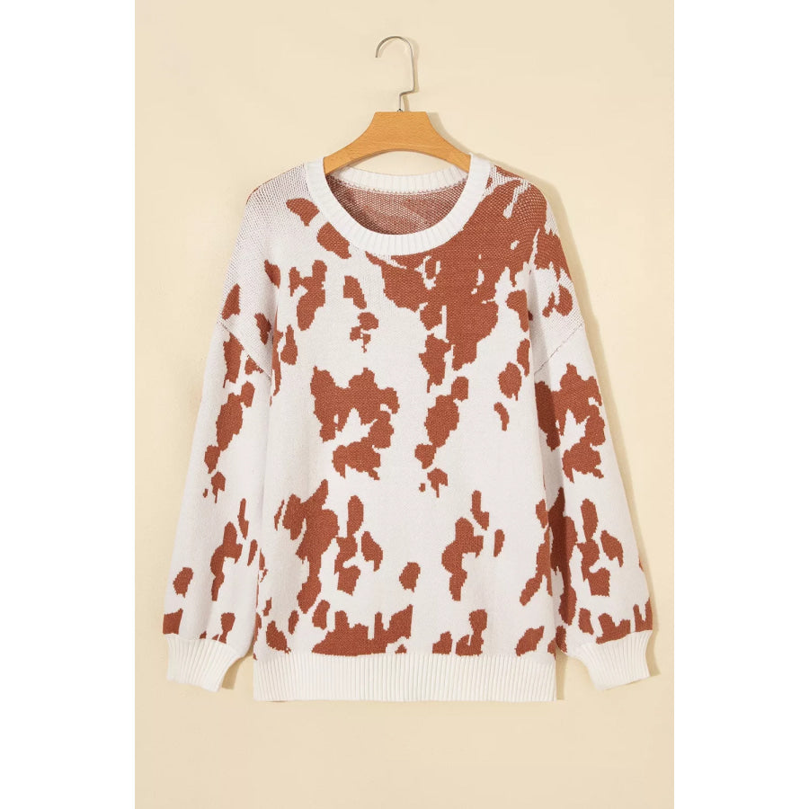 Abstract Print Drop Shoulder Long Sleeve Round Neck Sweater Apparel and Accessories