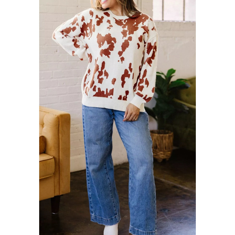 Abstract Print Drop Shoulder Long Sleeve Round Neck Sweater Apparel and Accessories