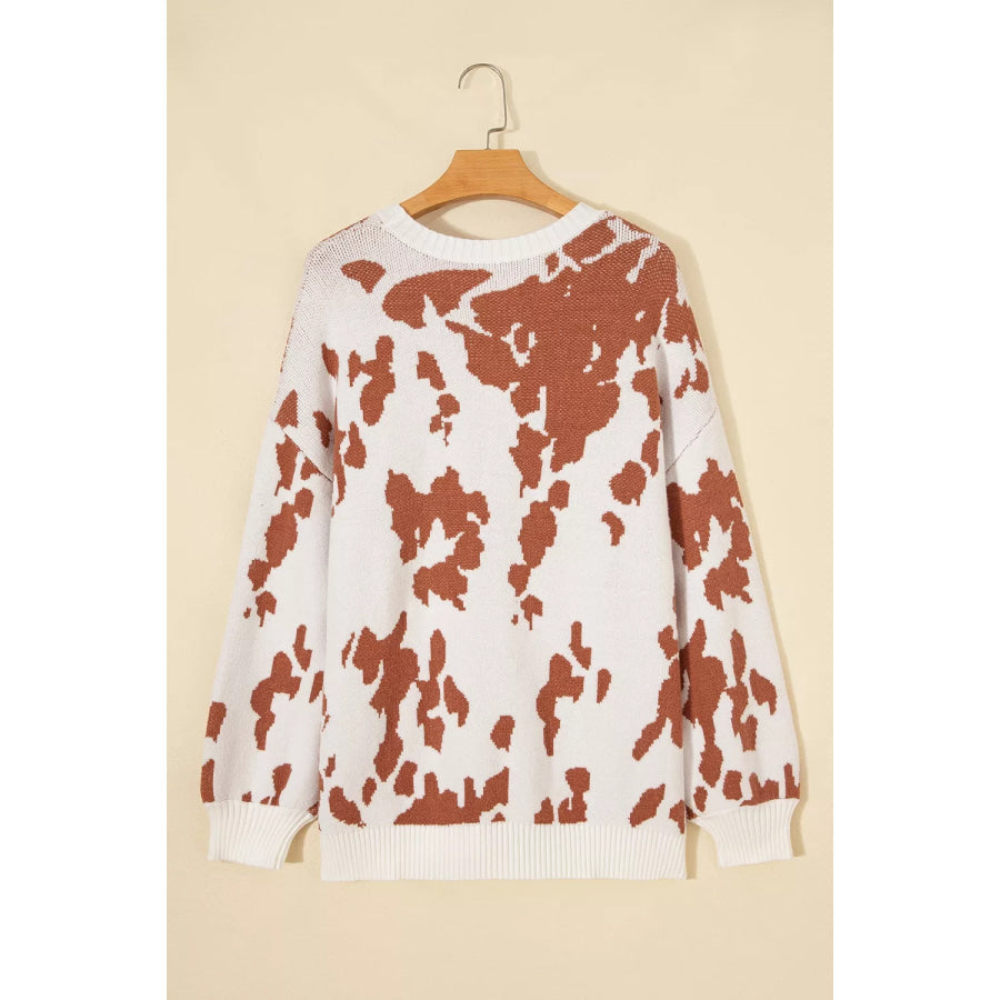 Abstract Print Drop Shoulder Long Sleeve Round Neck Sweater Apparel and Accessories