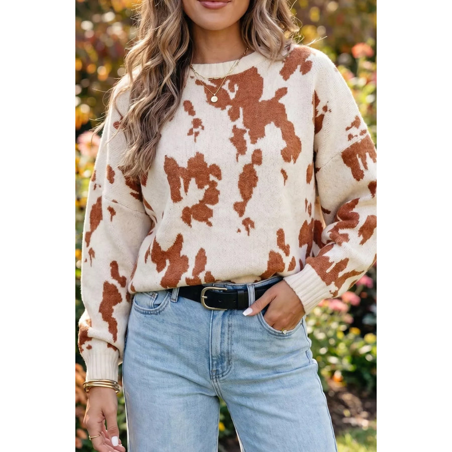 Abstract Print Drop Shoulder Long Sleeve Round Neck Sweater Caramel / S Apparel and Accessories