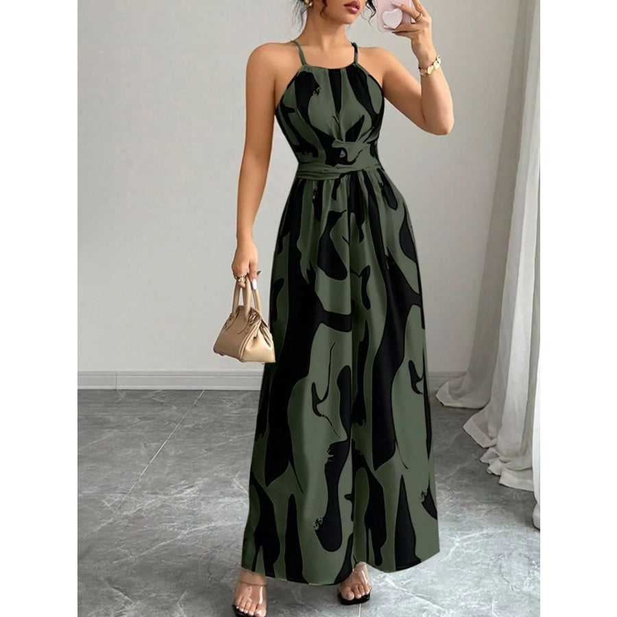 Abstract Print Halter Neck Maxi Dress Army Green / S Apparel and Accessories