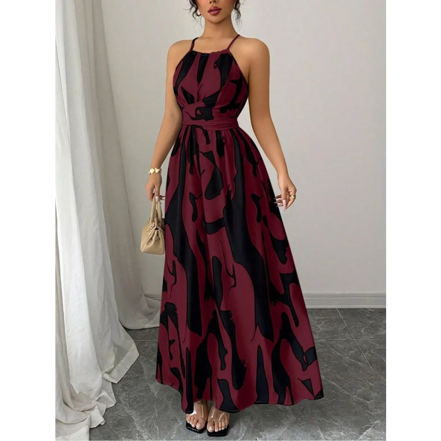 Abstract Print Halter Neck Maxi Dress Burgundy / S Apparel and Accessories