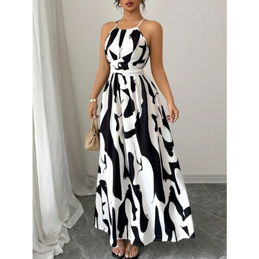 Abstract Print Halter Neck Maxi Dress White / S Apparel and Accessories