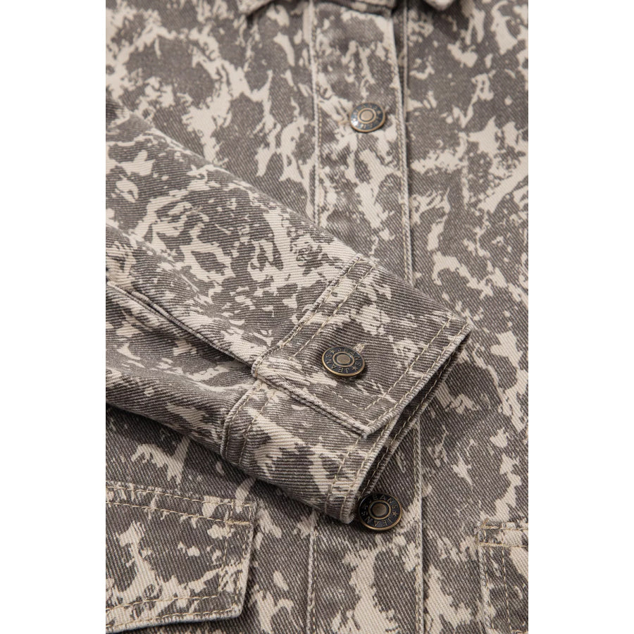 Abstract Print Long Sleeve Collar Raw Hem Denim Jacket Apparel and Accessories