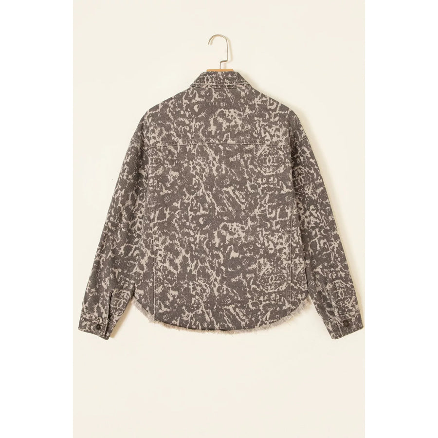 Abstract Print Long Sleeve Collar Raw Hem Denim Jacket Apparel and Accessories