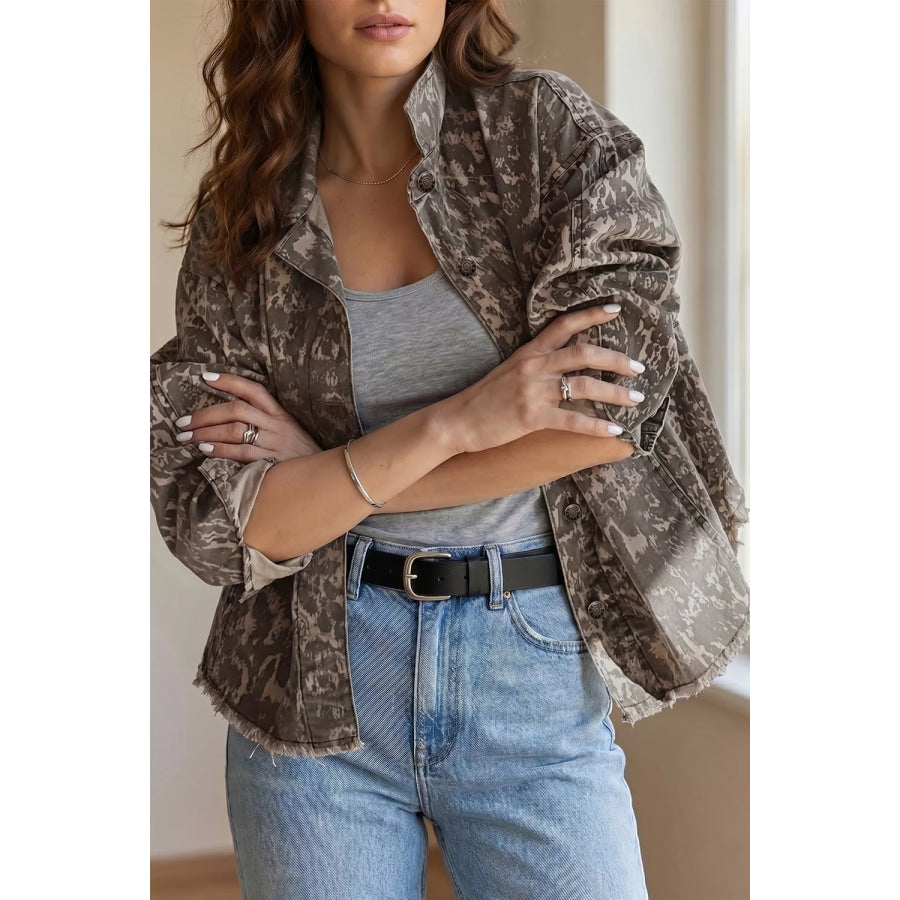 Abstract Print Long Sleeve Collar Raw Hem Denim Jacket Mocha / S Apparel and Accessories