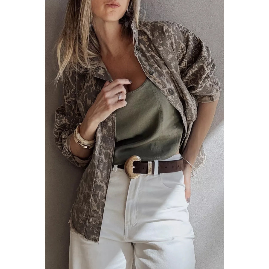 Abstract Print Long Sleeve Collar Raw Hem Denim Jacket Apparel and Accessories