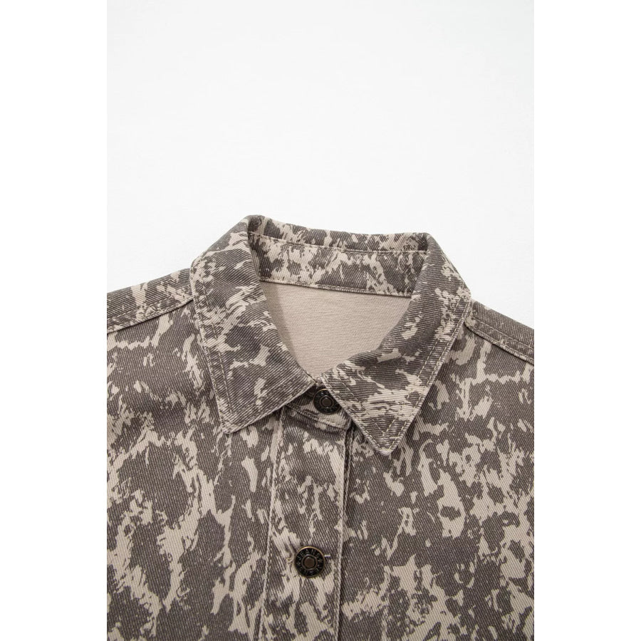 Abstract Print Long Sleeve Collar Raw Hem Denim Jacket Apparel and Accessories