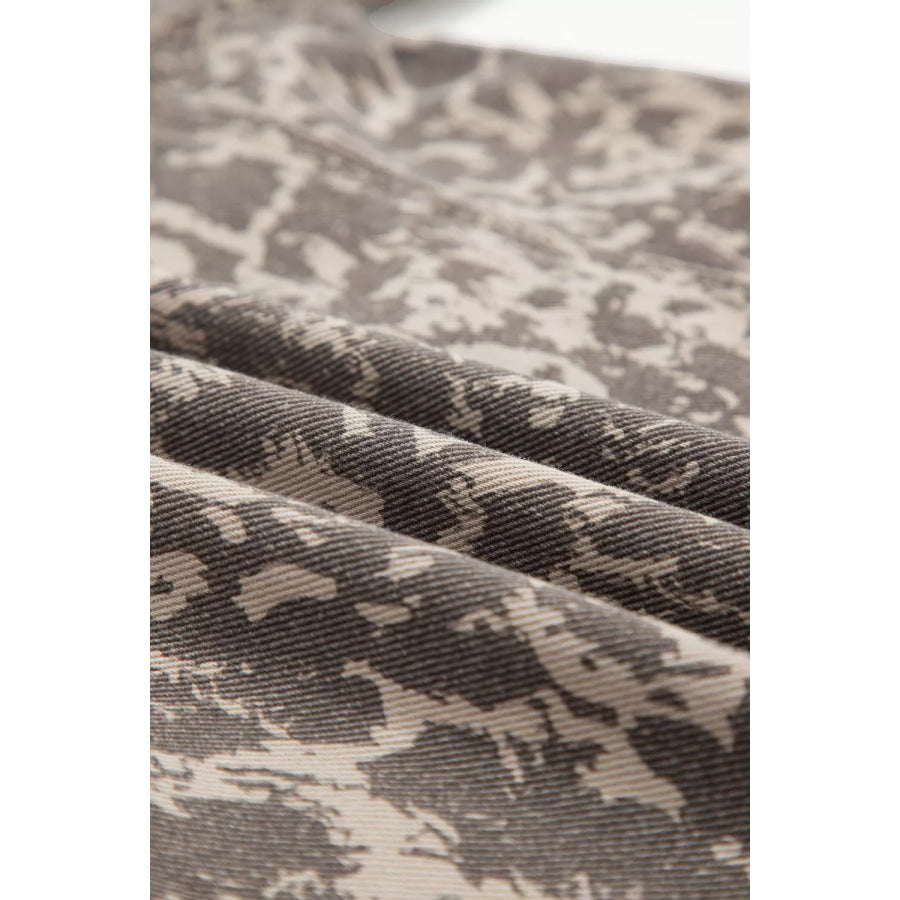 Abstract Print Long Sleeve Collar Raw Hem Denim Jacket Apparel and Accessories