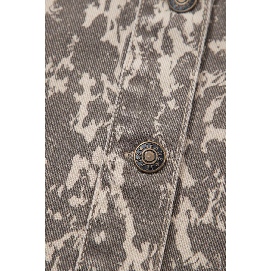 Abstract Print Long Sleeve Collar Raw Hem Denim Jacket Apparel and Accessories